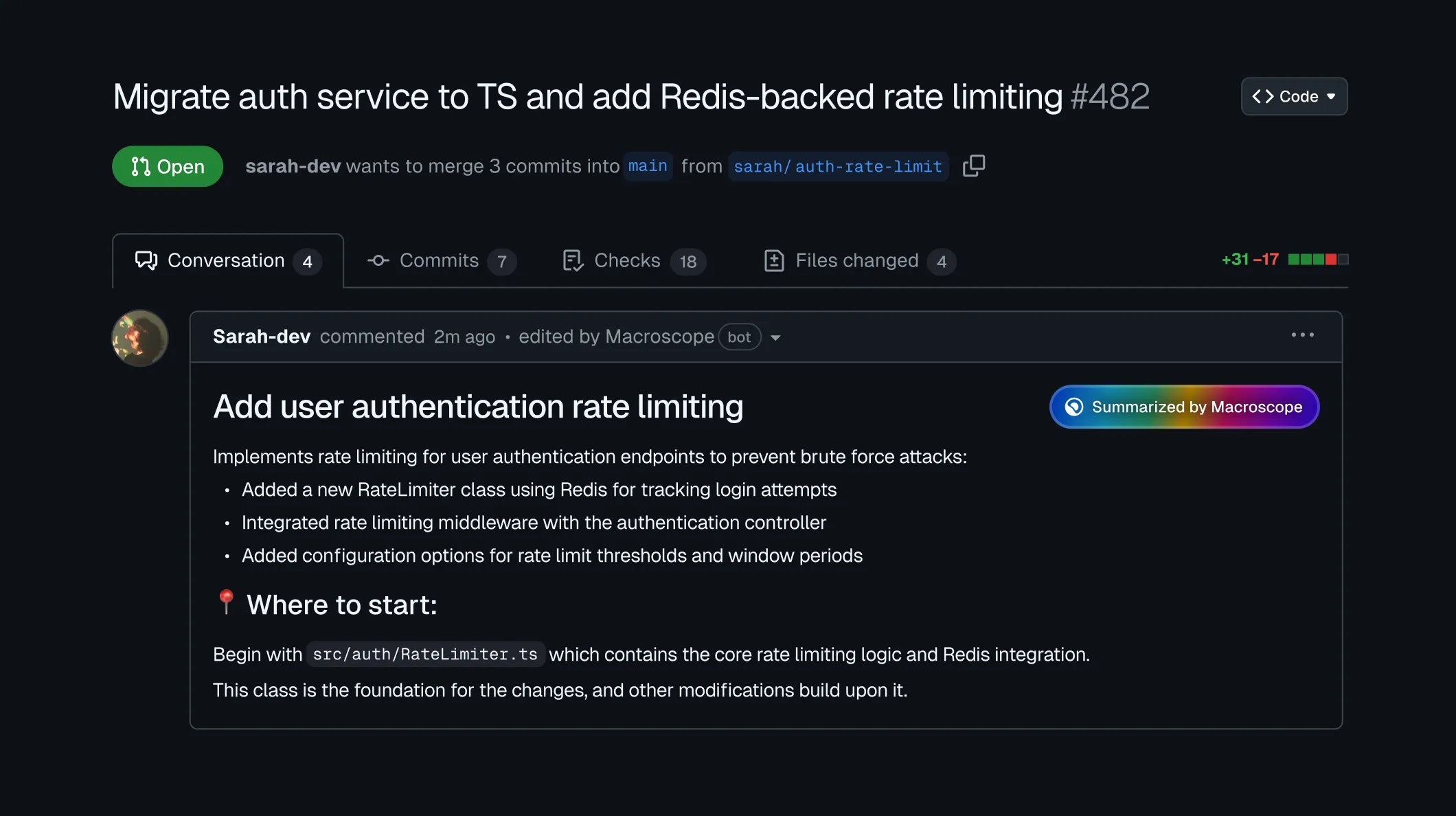 Macroscope automatically generates PR summaries to guide reviewers.