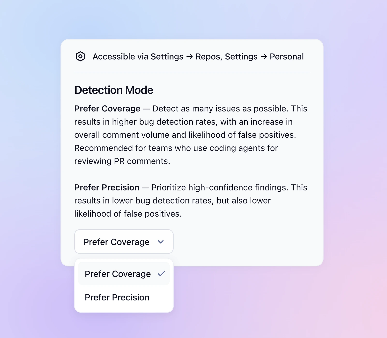 Macroscope's Detection Mode setting, showing the Prefer Coverage and Prefer Precision options